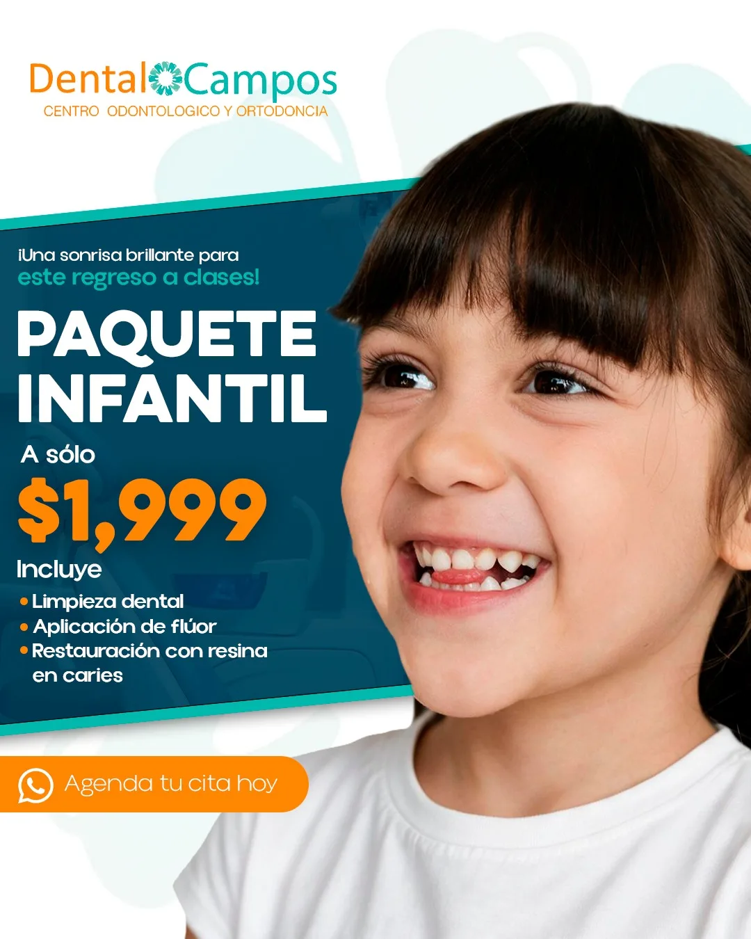 Promoción de paquete infantil con limpieza dental, aplicación de flúor y restauración con resina en caries por $1,999 en Dental Campos